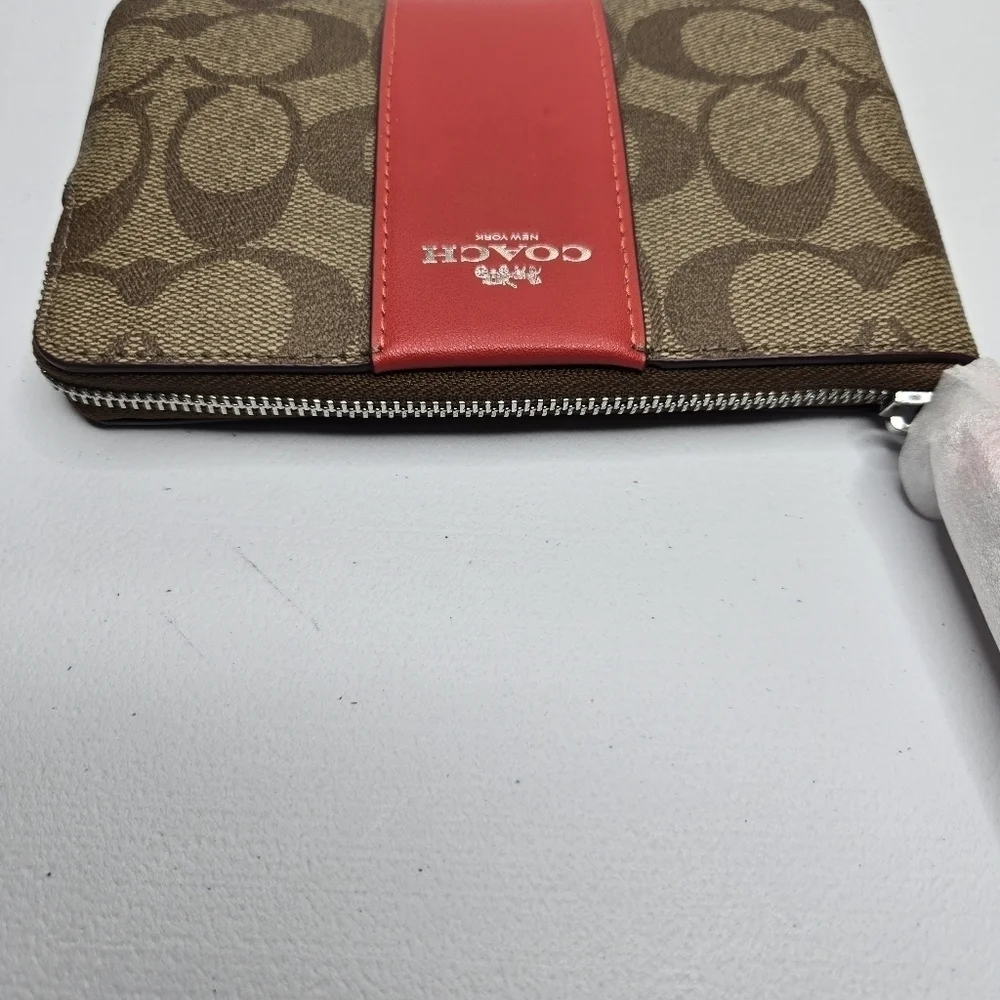 Coach Zip Wristlet In Signature Canvas Silver Khaki Miami Red